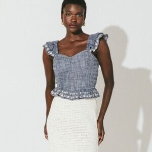 Cleobella Chambray Daisy Floral Flutter Sleeve Smocked Ruffle Top Coquette